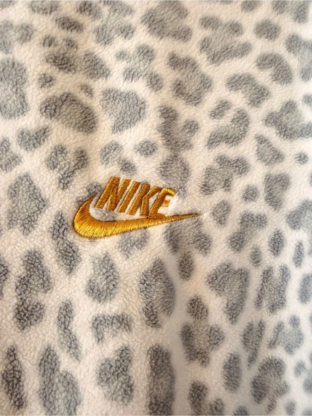 Nike Women's Gray Leopard Crewneck Sweatshirt with Gold Swoosh